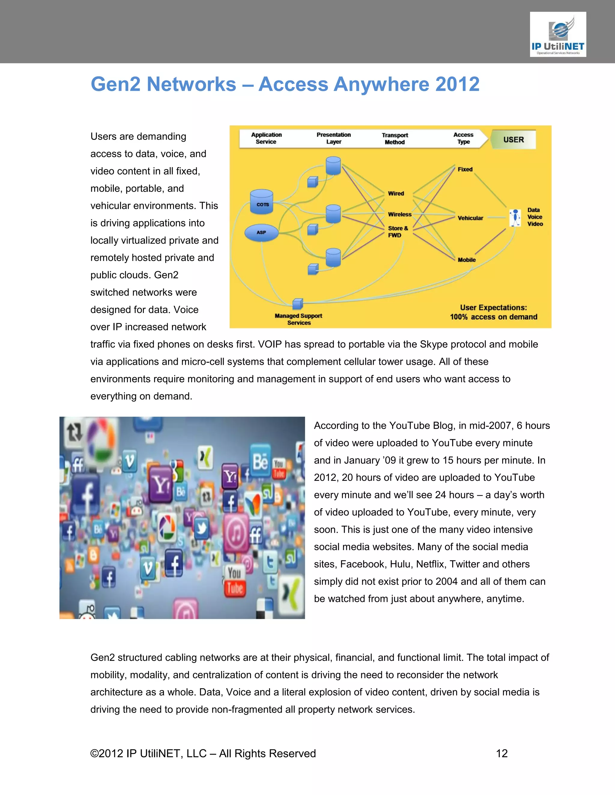 Gen2 Networks – Access Anywhere 2012

Users are demanding
access to data, voice, and
video content in all fixed,
mobile, portable, and
vehicular environments. This
is driving applications into
locally virtualized private and
remotely hosted private and
public clouds. Gen2
switched networks were
designed for data. Voice
over IP increased network
traffic via fixed phones on desks first. VOIP has spread to portable via the Skype protocol and mobile
via applications and micro-cell systems that complement cellular tower usage. All of these
environments require monitoring and management in support of end users who want access to
everything on demand.

                                                    According to the YouTube Blog, in mid-2007, 6 hours
                                                    of video were uploaded to YouTube every minute
                                                    and in January ’09 it grew to 15 hours per minute. In
                                                    2012, 20 hours of video are uploaded to YouTube
                                                    every minute and we’ll see 24 hours – a day’s worth
                                                    of video uploaded to YouTube, every minute, very
                                                    soon. This is just one of the many video intensive
                                                    social media websites. Many of the social media
                                                    sites, Facebook, Hulu, Netflix, Twitter and others
                                                    simply did not exist prior to 2004 and all of them can
                                                    be watched from just about anywhere, anytime.




Gen2 structured cabling networks are at their physical, financial, and functional limit. The total impact of
mobility, modality, and centralization of content is driving the need to reconsider the network
architecture as a whole. Data, Voice and a literal explosion of video content, driven by social media is
driving the need to provide non-fragmented all property network services.



©2012 IP UtiliNET, LLC – All Rights Reserved                                                   12
 