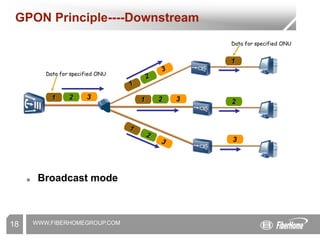 WWW.FIBERHOMEGROUP.COM
18
GPON Principle----Downstream
☻ Broadcast mode
1 2 3 1 2 3
1
2
3
Data for specified ONU
Data for specified ONU
 