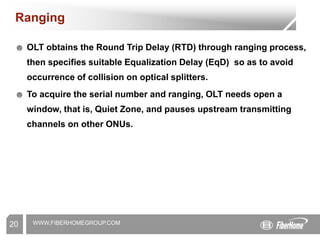 WWW.FIBERHOMEGROUP.COM
20
Ranging
☻ OLT obtains the Round Trip Delay (RTD) through ranging process,
then specifies suitable Equalization Delay (EqD) so as to avoid
occurrence of collision on optical splitters.
☻ To acquire the serial number and ranging, OLT needs open a
window, that is, Quiet Zone, and pauses upstream transmitting
channels on other ONUs.
 