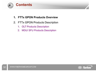 WWW.FIBERHOMEGROUP.COM
32
Contents
1. FTTx GPON Products Overview
2. FTTx GPON Products Description
1. OLT Products Description
2. MDU/ SFU Products Description
 