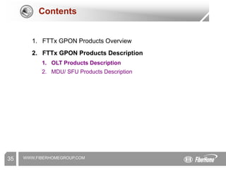 WWW.FIBERHOMEGROUP.COM
35
Contents
1. FTTx GPON Products Overview
2. FTTx GPON Products Description
1. OLT Products Description
2. MDU/ SFU Products Description
 