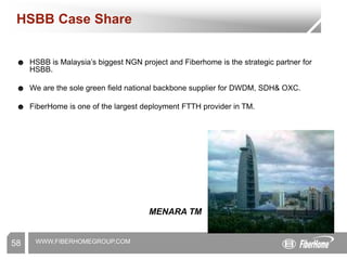 WWW.FIBERHOMEGROUP.COM
58
HSBB Case Share
☻ HSBB is Malaysia’s biggest NGN project and Fiberhome is the strategic partner for
HSBB.
☻ We are the sole green field national backbone supplier for DWDM, SDH& OXC.
☻ FiberHome is one of the largest deployment FTTH provider in TM.
MENARA TM
 