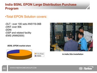 WWW.FIBERHOMEGROUP.COM
India BSNL EPON Large Distribution Purchase
Program
•Total EPON Solution covers:
-OLT : over 100 sets AN5116-06B
-ONT: over 80k
-DDN:
-OSP and related facility
-EMS (ANM2000)
FiberHome
OTHERS
BSNL EPON market share
In India Site Installation
60
 