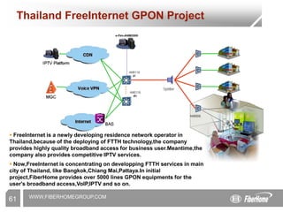 WWW.FIBERHOMEGROUP.COM
61
Thailand FreeInternet GPON Project
 FreeInternet is a newly developing residence network operator in
Thailand,because of the deploying of FTTH technology,the company
provides highly quality broadband access for business user.Meantime,the
company also provides competitive IPTV services.
 Now,FreeInternet is concentrating on developping FTTH services in main
city of Thailand, like Bangkok,Chiang Mai,Pattaya.In initial
project,FiberHome provides over 5000 lines GPON equipments for the
user's broadband access,VoIP,IPTV and so on.
 