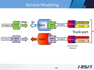 131
TCONT GEM
PORT
Trunk port
Q in Q Service
Ethernet
GEM
Port
UpDown
Q in Q
CE-VLAN
CE-VLAN
SP-VLAN #1
Q in Q
CE-VLAN
CE-VLAN
SP-VLAN #1
SP-VLAN #2 TCONT GEM
PORT
SP-VLAN #2GEM
PORT
Service Modeling
 