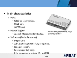 136
• Main characteristics
– Ports
• RS323 for Local Console.
• 2 GigE ports
• 1 GPON port
– Power Supply
• External. Optional Battery backup.
– Software (Main Features)
• Bridged Unit.
• G984.2; G984.3; G984.4 Fully compatible.
• 802.1Q/P support.
• 4 queues per GigE ports.
• IP for management in band (IP-Host ME)
NOTE: The graph shows only a
generic prototype
 
