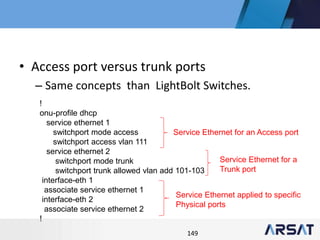 149
• Access port versus trunk ports
– Same concepts than LightBolt Switches.
!
onu-profile dhcp
service ethernet 1
switchport mode access
switchport access vlan 111
service ethernet 2
switchport mode trunk
switchport trunk allowed vlan add 101-103
interface-eth 1
associate service ethernet 1
interface-eth 2
associate service ethernet 2
!
Service Ethernet for an Access port
Service Ethernet for a
Trunk port
Service Ethernet applied to specific
Physical ports
 