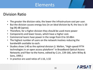 33
• The greater the division ratio, the lower the infrastructure cost per user.
• But the division causes energy loss (in an ideal division by N, the loss is 10
log (N) dB (aprox).
• Therefore, for a higher division they should be used more power
• Components and lower losses, which have a higher cost.
• Commercial lasers have power in the range from 0 to 10 dBm
• The highest number of users on the network involves reducing the
bandwidth available to each.
• Studies show 1:40 as the optimal division (J. Wellen, "High-speed FFTH
technologies in an open access plataform" in Broadband Optical Access
Networks and Fiber to the home, edited by C.Lin, 139-166, John Wiley &
Sons, 1995.)
• In practice are used ratios of 1:16, 1:32
Division Ratio
Elements
 