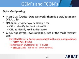 65
• In an ODN (Optical Data Network) there is 1 OLT, but many
ONUs….So.
• ONUs must somehow be labeled for:
– OLT to identify the destination ONU.
– ONU to identify itself as the source.
• GPON has several levels of labels, two of the most relevant
are:
– For GEM (Generic Encapsulation Method) mode encapsulation:
• “GEM” Port_ID (12b).
– Transmission-CONTainer or T-CONT :
• Alloc_ID (12b) (can be >1 T-CONT per ONU)
Data Multiplexing
GEM´s and TCON´s
 