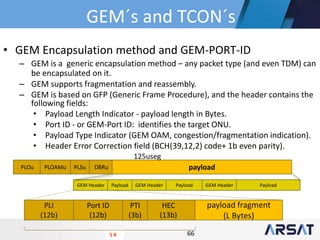 66
• GEM Encapsulation method and GEM-PORT-ID
– GEM is a generic encapsulation method – any packet type (and even TDM) can
be encapsulated on it.
– GEM supports fragmentation and reassembly.
– GEM is based on GFP (Generic Frame Procedure), and the header contains the
following fields:
• Payload Length Indicator - payload length in Bytes.
• Port ID - or GEM-Port ID: identifies the target ONU.
• Payload Type Indicator (GEM OAM, congestion/fragmentation indication).
• Header Error Correction field (BCH(39,12,2) code+ 1b even parity).
5 B
GEM´s and TCON´s
Port ID
(12b)
PLI
(12b)
HEC
(13b)
PTI
(3b)
payload fragment
(L Bytes)
PLOu PLOAMu PLSu DBRu payload
GEM Header Payload GEM Header Payload GEM Header Payload
125useg
 