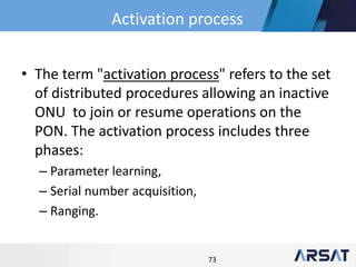 73
• The term "activation process" refers to the set
of distributed procedures allowing an inactive
ONU to join or resume operations on the
PON. The activation process includes three
phases:
– Parameter learning,
– Serial number acquisition,
– Ranging.
Activation process
 