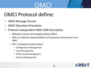 89
OMCI Protocol define:
• OMCI Message Format
• OMCI Operation Procedure
• Protocol-independent OMCI MIB Description
– Defined in terms of managed entities (MEs).
– MEs are abstract representations of resources and services in an
ONU.
– ME´s Covered Function Areas :
• Configuration Management
• Fault Management
• Performance Management
• Security Management
OMCI
 