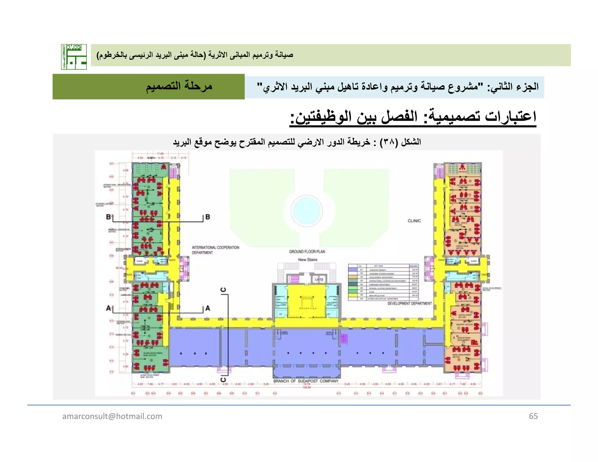 ‫االثرية‬ ‫المبانى‬ ‫وترميم‬ ‫صيانة‬)‫بالخرطوم‬ ‫الرئيسى‬ ‫البريد‬ ‫مبنى‬ ‫حالة‬(
‫الثان‬ ‫الجزء‬" :‫االث‬ ‫يد‬ ‫الب‬ ‫بن‬ ‫تاھيل‬ ‫اعادة‬ ‫ي‬ ‫ت‬ ‫صيانة‬ ‫ع‬ ‫ش‬"‫التصمي‬ ‫مرحلة‬ ‫الثاني‬ ‫الجزء‬" :‫االثري‬ ‫البريد‬ ‫مبني‬ ‫تاھيل‬ ‫واعادة‬ ‫وترميم‬ ‫صيانة‬ ‫مشروع‬"‫التصميم‬ ‫مرحلة‬
‫اعتبارات‬‫تصميمية‬:‫الوظيفتين‬ ‫بين‬ ‫الفصل‬:
‫الشكل‬)٣٨: (‫البريد‬ ‫موقع‬ ‫يوضح‬ ‫المقترح‬ ‫للتصميم‬ ‫االرضي‬ ‫الدور‬ ‫خريطة‬ ‫الشكل‬)٣٨: (‫البريد‬ ‫موقع‬ ‫يوضح‬ ‫المقترح‬ ‫للتصميم‬ ‫االرضي‬ ‫الدور‬ ‫خريطة‬
amarconsult@hotmail.com 65
 