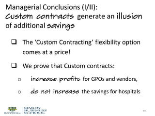 Managerial Conclusions (I/II):
Custom contracts generate an illusion
of additional savings
 The ‘Custom Contracting’ flexibility option
comes at a price!
 We prove that Custom contracts:
o increase profits for GPOs and vendors,
o do not increase the savings for hospitals
89
 