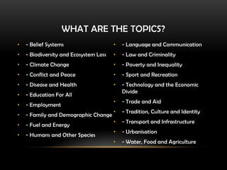 WHAT ARE THE TOPICS?
• - Belief Systems
• - Biodiversity and Ecosystem Loss
• - Climate Change
• - Conflict and Peace
• - Disease and Health
• - Education For All
• - Employment
• - Family and Demographic Change
• - Fuel and Energy
• - Humans and Other Species
• - Language and Communication
• - Law and Criminality
• - Poverty and Inequality
• - Sport and Recreation
• - Technology and the Economic
Divide
• - Trade and Aid
• - Tradition, Culture and Identity
• - Transport and Infrastructure
• - Urbanisation
• - Water, Food and Agriculture
 