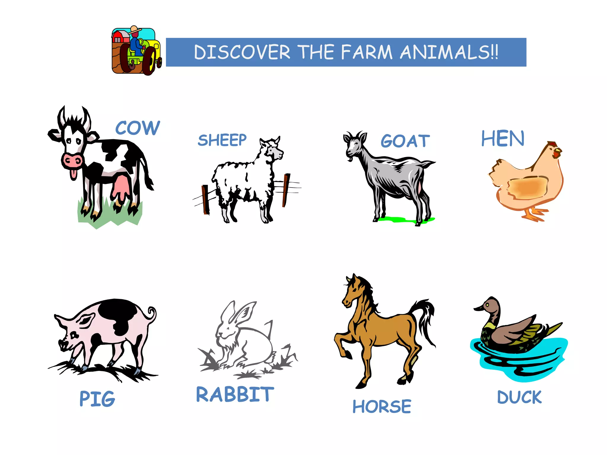 DISCOVER THE FARM ANIMALS!!



      COW
            SHEEP           GOAT     HEN




PIG         RABBIT                    DUCK
                          HORSE
 