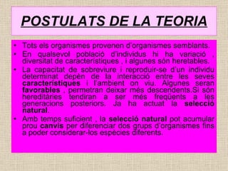 POSTULATS DE LA TEORIA Tots els organismes provenen d’organismes semblants. En qualsevol població d’individus hi ha variació , diversitat de característiques , i algunes són heretables. La capacitat de sobreviure i reproduir-se d’un individu determinat depèn de la interacció entre les seves  característiques  i l’ambient on viu. Algunes seran  favorables  , permetran deixar més descendents.Si són hereditàries tendiran a ser més freqüents a les generacions posteriors. Ja ha actuat la  selecció natural . Amb temps suficient , la  selecció natural  pot acumular prou  canvis  per diferenciar dos grups d’organismes fins a poder considerar-los espècies diferents. 