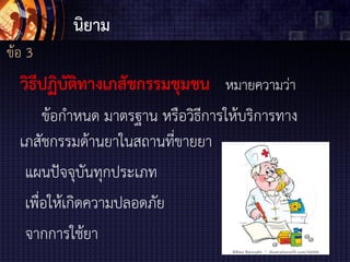 นิยาม
ข้อ 3
วิธีปฏิบัติทางเภสัชกรรมชุมชน หมายความว่า
ข้อกาหนด มาตรฐาน หรือวิธีการให้บริการทาง
เภสัชกรรมด้านยาในสถานที่ขายยา
แผนปัจจุบันทุกประเภท
เพื่อให้เกิดความปลอดภัย
จากการใช้ยา
 