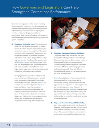 How Governors and Legislators Can Help
     Strengthen Corrections Performance


     Governors and legislators are key players in setting
     corrections policy, investing in the right strategies, and
     overseeing agency performance. From establishing the
     right sentencing and release laws to aligning fiscal
     incentives and demanding accountability for
     performance, these elected officials can help shape the
     right framework to foster a high-performing correctional
     system. Here’s how.


     I   Reevaluate Sentencing Laws. Prison populations
         in the past two decades have spiked for several
         reasons, but more stringent state sentencing and
         release laws are chief of among them. Mandatory
         minimums, truth-in-sentencing requirements and              I     Coordinate Agencies on Reducing Recidivism.
         tougher enforcement of parole and probation                       Corrections doesn’t exist in a vacuum. The best
         orders have made it more likely that felons will go               strategies for reducing recidivism—and helping to
         to prison and stay there longer. Some states, such                drive down victimization and prison costs—require a
         as Mississippi, Nevada and Maryland, have in the                  collaborative effort among multiple agencies.
         past year modified their laws to ensure that prison               Leadership by a governor or legislature can make a
         cells are available for violent offenders while                   tremendous difference in persuading agencies to
         higher-quality supervision and services are available             work together, especially those with different
         to lower-risk offenders in the community.                         philosophies and cultures, such as law enforcement
                                                                           and social service providers.
         Changing sentencing laws does not necessarily
         mean cutting terms of incarceration; it can also                  Oregon has established a “re-entry council” with
         mean reconsidering the types of commitment,                       representatives from corrections as well as
         especially for nonviolent offenders. Missouri, for                employment, housing, law enforcement and the
         example, has recorded a 3 percent drop in its                     legislature to review policies on returning prisoners
         prison population, in part by mandating                           and coordinate services to cut the state’s 33
         presentencing reports that may suggest that                       percent recidivism rate. Tennessee has established
         judges consider nonprison sanctions in low-risk                   the Tennessee Re-Entry Collaborative (TREC), with
         cases. At the same time, the state’s corrections                  representatives of a dozen state agencies and a
         department implemented community supervision                      similar number of nonprofits, coordinating services
         centers with drug treatment and education                         for released inmates.
         programs to help manage the diverted cases.
                                                                     I     Align Local Fiscal Incentives with State Policy.
                                                                           Many states want to keep low-risk offenders out of
                                                                           expensive state-funded prison cells, but local courts
                                                                           often put these offenders in prison because they
                                                                           believe that probation and community corrections
                                                                           programs don’t provide sufficient supervision and




10    Ten Steps Corrections Directors Can Take to Strengthen Performance
 