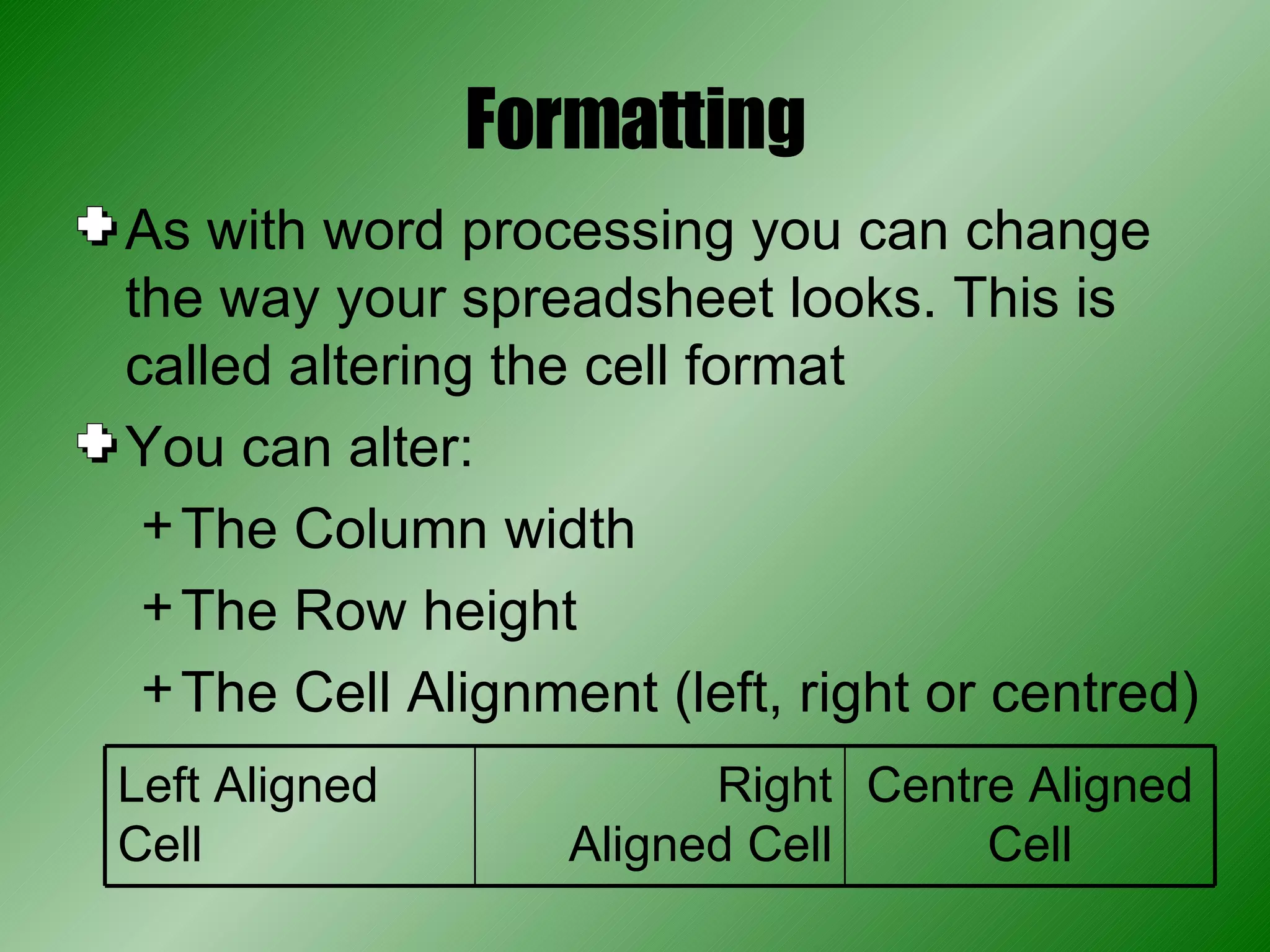 Formatting As with word processing you can change the way your spreadsheet looks. This is called altering the cell format You can alter: The Column width The Row height The Cell Alignment (left, right or centred) Centre Aligned Cell Right Aligned Cell Left Aligned Cell 