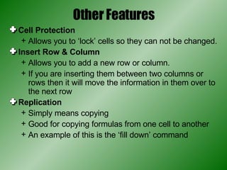 Other Features Cell Protection Allows you to ‘lock’ cells so they can not be changed. Insert Row & Column Allows you to add a new row or column. If you are inserting them between two columns or rows then it will move the information in them over to the next row Replication Simply means copying Good for copying formulas from one cell to another An example of this is the ‘fill down’ command 