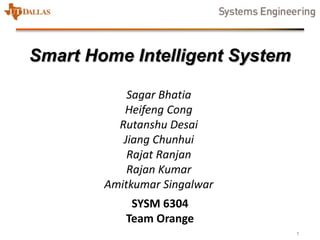 1
Team 1
Smart Home Intelligent System
Sagar Bhatia
Heifeng Cong
Rutanshu Desai
Jiang Chunhui
Rajat Ranjan
Rajan Kumar
Amitkumar Singalwar
SYSM 6304
Team Orange
 