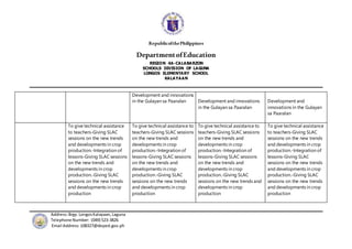 RepublicofthePhilippines
DepartmentofEducation
REGION 4A-CALABARZON
SCHOOLS DIVISION OF LAGUNA
LONGOS ELEMENTARY SCHOOL
KALAYAAN
Address:Brgy.Longos Kalayaan,Laguna
Telephone Number: (049) 523-3826
Email Address:108327@deped.gov.ph
Development and innovations
in the Gulayan sa Paaralan Development and innovations
in the Gulayan sa Paaralan
Development and
innovations in the Gulayan
sa Paaralan
To give technical assistance
to teachers-Giving SLAC
sessions on the new trends
and developments in crop
production.-Integration of
lessons-Giving SLAC sessions
on the new trends and
developments in crop
production.-Giving SLAC
sessions on the new trends
and developments in crop
production
To give technical assistance to
teachers-Giving SLAC sessions
on the new trends and
developments in crop
production.-Integration of
lessons-Giving SLAC sessions
on the new trends and
developments in crop
production.-Giving SLAC
sessions on the new trends
and developments in crop
production
To give technical assistance to
teachers-Giving SLAC sessions
on the new trends and
developments in crop
production.-Integration of
lessons-Giving SLAC sessions
on the new trends and
developments in crop
production.-Giving SLAC
sessions on the new trends and
developments in crop
production
To give technical assistance
to teachers-Giving SLAC
sessions on the new trends
and developments in crop
production.-Integration of
lessons-Giving SLAC
sessions on the new trends
and developments in crop
production.-Giving SLAC
sessions on the new trends
and developments in crop
production
 