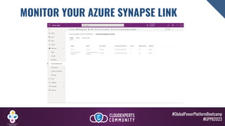 #GlobalPowerPlatformBootcamp
#GPPB2023
MONITOR YOUR AZURE SYNAPSE LINK
 