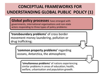 CONCEPTUAL FRAMEWORKS FOR
UNDERSTANDING GLOBAL PUBLIC POLICY (1)
Global policy processes have emerged with
governments, international organisations and non-state
actors responding to three types of policy problems:
‘transboundary problems’ of cross border
movement money laundering, pollution or
drug trafficking;
‘common property problems’ regarding
oceans, Antarctica, the atmosphere;
‘simultaneous problems’ of nations experiencing
similar problems in areas of education; health,
welfare, urbanisation and population growth.
 