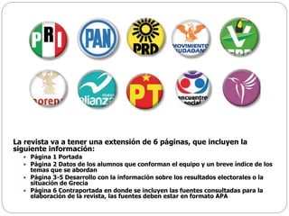 La revista va a tener una extensión de 6 páginas, que incluyen la
siguiente información:
 Página 1 Portada
 Página 2 Datos de los alumnos que conforman el equipo y un breve índice de los
temas que se abordan
 Página 3-5 Desarrollo con la información sobre los resultados electorales o la
situación de Grecia
 Página 6 Contraportada en donde se incluyen las fuentes consultadas para la
elaboración de la revista, las fuentes deben estar en formato APA
 