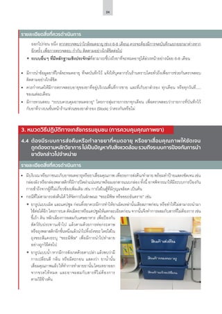 24
ออกไปก่อน อนึ่ง หากตรวจพบว่าใกล้หมดอายุ (ช่วง 6-8 เดือน) ควรจะต้องมีการจดบันทึกแยกออกมาต่างหาก
อีกครั้ง เพื่อการตรวจสอบ กำ�กับ ติดตามอย่างใกล้ชิดต่อไป
ʘʘ ระบบอื่นๆ ที่มีหลักฐานเชิงประจักษ์ที่สามารถชี้บ่งถึงยาที่จะหมดอายุได้ล่วงหน้าอย่างน้อย 6-8 เดือน
•	 มีการนำ�ข้อมูลยาที่ใกล้จะหมดอายุ ที่จดบันทึกไว้ แจ้งให้บุคลากรในร้านทราบโดยทั่วถึงเพื่อการช่วยกันตรวจสอบ
ติดตามอย่างใกล้ชิด
•	 ควรกำ�หนดให้มีการตรวจสอบอายุของยาที่อยู่บริเวณพื้นที่การขาย และที่เก็บยาสำ�รอง ทุกเดือน หรือทุกวันที่.....
ของแต่ละเดือน
•	 มีการทวนสอบ “ระบบควบคุมยาหมดอายุ” โดยการสุ่มรายการยาทุกเดือน เพื่อตรวจสอบว่ารายการที่บันทึกไว้
กับยาที่วางบนชั้นหน้าร้าน/ส่วนของยาสำ�รอง (Stock) ว่าตรงกันหรือไม่
3. หมวดวิธีปฏิบัติทางเภสัชกรรมชุมชน (การควบคุมคุณภาพยา)
4.4	 ต้องมีระบบการส่งคืนหรือทำ�ลายยาที่หมดอายุ หรือยาเสื่อมคุณภาพให้ชัดเจน
ถูกต้องตามหลักวิชาการไม่เป็นปัญหากับสิ่งแวดล้อมรวมถึงระบบการป้องกันการนำ�
ยาดังกล่าวไปจำ�หน่าย
รายละเอียดสิ่งที่ควรดำ�เนินการ
•	 มีบริเวณ หรือภาชนะเก็บยาหมดอายุหรือยาเสื่อมคุณภาพ เพื่อรอการส่งคืน/ทำ�ลาย พร้อมทำ�ป้ายแสดงชัดเจน เช่น
กล่องลัง หรือกล่องพลาสติกที่มีการปิดฝาแน่นหนาพร้อมเอกสารแนบกล่อง ทั้งนี้ อาจพิจารณาให้มีระบบการป้องกัน
การเข้าถึงจากผู้ที่ไม่เกี่ยวข้องเพิ่มเติม เช่น การใส่ในตู้ที่มีกุญแจล็อค เป็นต้น
•	 กรณีที่ไม่สามารถส่งคืนได้ ให้จัดการในลักษณะ “ขยะมีพิษ หรือขยะอันตราย” เช่น
ʘʘ ยารูปแบบเม็ด และแคปซูล ก่อนทิ้งยาควรมีการทำ�ให้ยาเม็ดเหล่านั้นเสียสภาพก่อน หรือทำ�ให้ไม่สามารถนำ�มา
ใช้ต่อได้อีก โดยการบด ตัดเม็ดยาหรือแคปซูลให้แตกละเอียดก่อน จากนั้นจึงทำ�การผสมกับสารที่ไม่ต้องการ เช่น
ขี้เถ้า ดิน หลีกเลี่ยงการผสมกับเศษอาหาร เพื่อป้องกัน
สัตว์รับประทานเข้าไป แล้วตามด้วยการห่อกระดาษ
หรือถุงพลาสติกอีกชั้นหนึ่งแล้วนำ�ไปทิ้งถังขยะ โดยใส่ใน
ถุงขยะสีแดงระบุ “ขยะมีพิษ” เพื่อมีการนำ�ไปทำ�ลาย
อย่างถูกวิธีต่อไป
ʘʘ ยารูปแบบน้ำ� หากมีการสังเกตด้วยตาเปล่า แล้วพบว่ามี
การเปลี่ยนสี กลิ่น หรือมีตะกอน แสดงว่า ยาน้ำ�นั้น
เสื่อมคุณภาพแล้ว ให้ทำ�การทำ�ลายยานั้น โดยเทยาออก
จากขวดให้หมด และอาจผสมกับสารที่ไม่ต้องการ
ตามวิธีข้างต้น
รายละเอียดสิ่งที่ควรดำ�เนินการ
 