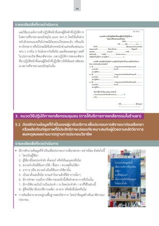 34
รายละเอียดสิ่งที่ควรดำ�เนินการ
รายละเอียดสิ่งที่ควรดำ�เนินการ
3. หมวดวิธีปฏิบัติทางเภสัชกรรมชุมชน (การให้บริการทางเภสัชกรรมในร้านยา)
5.2	 ต้องซักถามข้อมูลที่จําเป็นของผู้มารับบริการเพื่อประกอบการพิจารณาก่อนเลือกยา
หรือผลิตภัณฑ์สุขภาพที่มีประสิทธิภาพปลอดภัยเหมาะสมกับผู้ป่วยตามหลักวิชาการ
สมเหตุสมผลตามมาตรฐานการประกอบวิชาชีพ
•	 มีการซักถามข้อมูลที่จำ�เป็นเพื่อประกอบการเลือกสรรยา อย่างน้อย ดังต่อไปนี้
1.	 ใครเป็นผู้ใช้ยา
2.	 ผู้ใช้ยามีโรคประจำ�ตัว ตั้งครรภ์ หรือให้นมบุตรหรือไม่
3.	 ความจำ�เป็นที่ต้องการใช้ / ซื้อยา / สาเหตุที่จะใช้ยา
4.	 อาการ หรือ ความจำ�เป็นที่ต้องการใช้ยานั้น
5.	 เป็นมาตั้งแต่เมื่อใด นานเท่าไรมาแล้วที่มีอาการนั้นๆ
6.	 มีการรักษา รวมถึงการใช้ยาก่อนหน้านี้เพื่อรักษาอาการที่เป็นนั้น
7.	 มีการใช้ยาอะไรบ้างเป็นประจำ� / ยาโรคประจำ�ตัว / ยาที่ใช้ในช่วงนี้
8.	 ผู้ที่จะใช้ยามีประวัติการแพ้ยา อาหาร หรือสิ่งอื่นใดหรือไม่
•	 การคัดเลือกยาควรอยู่บนพื้นฐานของวิชาการ โดยนำ�ข้อมูลข้างต้นมาพิจารณา
ประกอบ
และใช้แบบแจ้งการเข้าปฏิบัติหน้าที่แทนผู้มีหน้าที่ปฏิบัติการ
ในสถานที่ขายยาแผนปัจจุบัน (แบบ จภก.1) โดยให้แจ้งล่วง
หน้าด้วยตนเองหรือไปรษณีย์ลงทะเบียนตอบรับ หรือแจ้ง
ทางโทรสาร หรือไปรษณีย์อิเล็กทรอนิกส์ (แต่จะต้องส่งแบบ
จภก.1 ภายใน 3 วันนับจากวันที่แจ้ง) และต้องแสดงรูป เลขที่
ใบประกอบวิชาชีพเภสัชกรรม เวลาปฏิบัติการของเภสัชกร
ที่มาปฏิบัติหน้าที่แทนผู้มีหน้าที่ปฏิบัติการให้เห็นอย่างชัดเจน
ณ สถานที่ขายยาแผนปัจจุบันนั้น
 