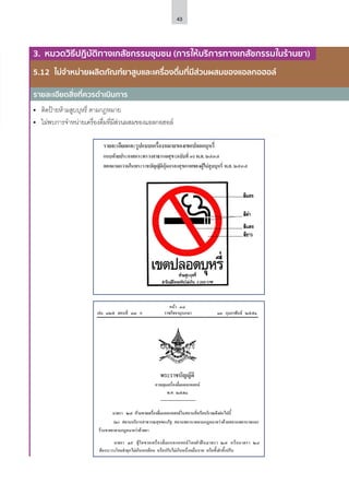 43
รายละเอียดสิ่งที่ควรดำ�เนินการ
3. หมวดวิธีปฏิบัติทางเภสัชกรรมชุมชน (การให้บริการทางเภสัชกรรมในร้านยา)
5.12	 ไม่จําหน่ายผลิตภัณฑ์ยาสูบและเครื่องดื่มที่มีส่วนผสมของแอลกอฮอล์
•	 ติดป้ายห้ามสูบบุหรี่ ตามกฎหมาย
•	 ไม่พบการจำ�หน่ายเครื่องดื่มที่มีส่วนผสมของแอลกอฮอล์
 