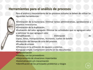 Herramientas para el análisis de procesos
    Para el análisis y mejoramiento de los procesos actuales se deben de utilizar las
    siguientes herramientas:

    •Eliminación de la burocracia. Eliminar tareas administrativas, aprobaciones y
    papeleos innecesarios.
    •Eliminación de la duplicación.
    •Evaluación del valor agregado. Eliminar las actividades que no agreguen valor
    y optimizar las que agreguen valor
    •Simplificación.                           Eliminación                     de
    copias, datos, manipulaciones, reuniones, cuellos de botella
    •Reducción del tiempo de ciclo del proceso
    •Prueba de errores
    •Eficiencia en la utilización de equipos y sistemas
    •Lenguaje simple. Compresión sencilla en los documentos
    •Estandarización
    •Alianzas con los proveedores
    •Mejoramiento de situaciones importantes
    •Automatización y/o mecanización
    •Identificación de los principales problemas y riesgos
                                                                                39
 