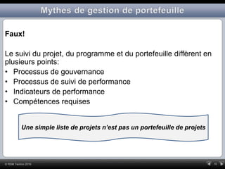 10© RSM Techno 2016
Faux!
Le suivi du projet, du programme et du portefeuille diffèrent en
plusieurs points:
• Processus de gouvernance
• Processus de suivi de performance
• Indicateurs de performance
• Compétences requises
Une simple liste de projets n’est pas un portefeuille de projets
 