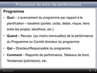 13© RSM Techno 2016
Programme
• Quoi – L’avancement du programme par rapport à la
planification – baseline (portée, coûts, délais, risque, liens
entre les projets, bénéfices, etc.)
• Quand – Revues (au moins mensuelles) de la performance
du Programme au Comité directeur du programme
• Qui – Directeur/Responsable du programme
• Comment – Rapports de performance, Tableaux de bord,
Tendances (prévisions), etc.
 