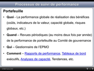 14© RSM Techno 2016
Portefeuille
• Quoi - La performance globale de réalisation des bénéfices
(coûts, indicateurs de la valeur, capacité globale, risques
globaux, etc.)
• Quand – Revues périodiques (au moins deux fois par année)
de la performance de portefeuille au Comité de gouvernance
• Qui – Gestionnaire de l’EPMO
• Comment – Rapports de performance, Tableaux de bord
exécutifs, Analyses de capacité, Tendances, etc.
 
