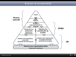 4© RSM Techno 2016
Vision
Mission
Stratégie
organisationnelle et
objectifs
Gestion du
portefeuille de
projets
Planification et
gestion des
opérations
- Haut niveau -
Gestion des programmes
et projets autorisés
(activités de projets)
Gestion des opérations
courantes
(activités de récurrence)
Ressources organisationnelles
(internes et externes)
BP
EPMO
Niveau
exécutif
 