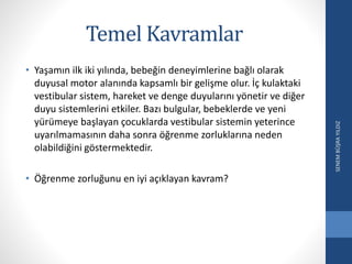 Temel Kavramlar
• Yaşamın ilk iki yılında, bebeğin deneyimlerine bağlı olarak
duyusal motor alanında kapsamlı bir gelişme olur. İç kulaktaki
vestibular sistem, hareket ve denge duyularını yönetir ve diğer
duyu sistemlerini etkiler. Bazı bulgular, bebeklerde ve yeni
yürümeye başlayan çocuklarda vestibular sistemin yeterince
uyarılmamasının daha sonra öğrenme zorluklarına neden
olabildiğini göstermektedir.
• Öğrenme zorluğunu en iyi açıklayan kavram?
SENEMBÜŞRAYILDIZ
 