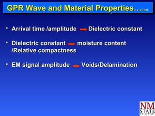 CCoonntt.. GGPPRR WWaavvee aanndd MMaatteerriiaall PPrrooppeerrttiieess……CCoonntt.. 
 Arrival ttiimmee //aammpplliittuuddee DDiieelleeccttrriicc ccoonnssttaanntt 
 DDiieelleeccttrriicc ccoonnssttaanntt mmooiissttuurree ccoonntteenntt 
//RReellaattiivvee ccoommppaaccttnneessss 
 EEMM ssiiggnnaall aammpplliittuuddee VVooiiddss//DDeellaammiinnaattiioonn 
