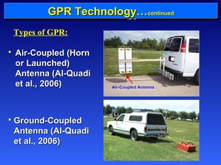 GGGGPPPPRRRR TTTTeeeecccchhhhnnnnoooollllooooggggyyyy…………ccccoooonnnnttititnniinnuuuueeeedddd 
Types of GPR: 
 AAiirr--CCoouupplleedd ((HHoorrnn 
oorr LLaauunncchheedd)) 
AAnntteennnnaa ((AAll--QQuuaaddii 
eett aall..,, 22000066)) 
 GGrroouunndd--CCoouupplleedd 
AAnntteennnnaa ((AAll--QQuuaaddii 
eett aall..,, 22000066)) 
 