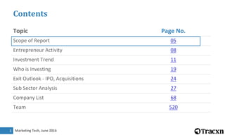 Marketing Tech, June 2016
Contents
Topic Page No.
Scope of Report 05
Entrepreneur Activity 08
Investment Trend 11
Who is I...