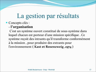 La gestion par résultats Concepts clés : -  l’organisation   C’est un système ouvert constitué de sous-système dans lequel chacun est porteur d’une mission spécifique . Ce système reçoit des intrants qu’il transforme conformément à la mission , pour produire des extrants pour l’environnement  ( Kast et Rosenzweig ,1974 ) Khalid Boutannoura - Enap - Montréal 
