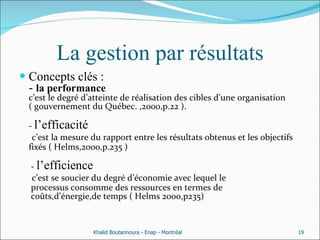 La gestion par résultats Concepts clés : -  la performance  c’est le degré d’atteinte de réalisation des cibles d’une organisation  ( gouvernement du Québec. ,2000,p.22 ). -  l’efficacité   c’est la mesure du rapport entre les résultats obtenus et les objectifs fixés ( Helms,2000,p.235 )  -  l’efficience   c’est se soucier du degré d’économie avec lequel le   processus consomme des ressources en termes de   coûts,d’énergie,de temps ( Helms 2000,p235) Khalid Boutannoura - Enap - Montréal 
