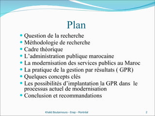 Plan   Question de la recherche Méthodologie de recherche Cadre théorique L’administration publique marocaine La modernisation des services publics au Maroc La pratique de la gestion par résultats ( GPR)  Quelques concepts clés Les possibilités d’implantation la GPR dans  le processus actuel de modernisation Conclusion et recommandations Khalid Boutannoura - Enap - Montréal 