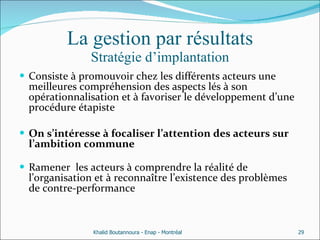 La gestion par résultats Stratégie d’implantation Consiste à promouvoir chez les différents acteurs une meilleures compréhension des aspects lés à son opérationnalisation et à favoriser le développement d’une procédure étapiste On s’intéresse à focaliser l’attention des acteurs sur l’ambition commune   Ramener  les acteurs à comprendre la réalité de l’organisation et à reconnaître l’existence des problèmes  de contre-performance  Khalid Boutannoura - Enap - Montréal 