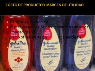 COSTO DE PRODUCTO Y MARGEN DE UTILIDADEs de $1.00 los 200 ml.El precio para los  Supermercados es de $1.95     Utilidad del 95%,    precio oficial de $2.29                ganancia del 14.84%. 