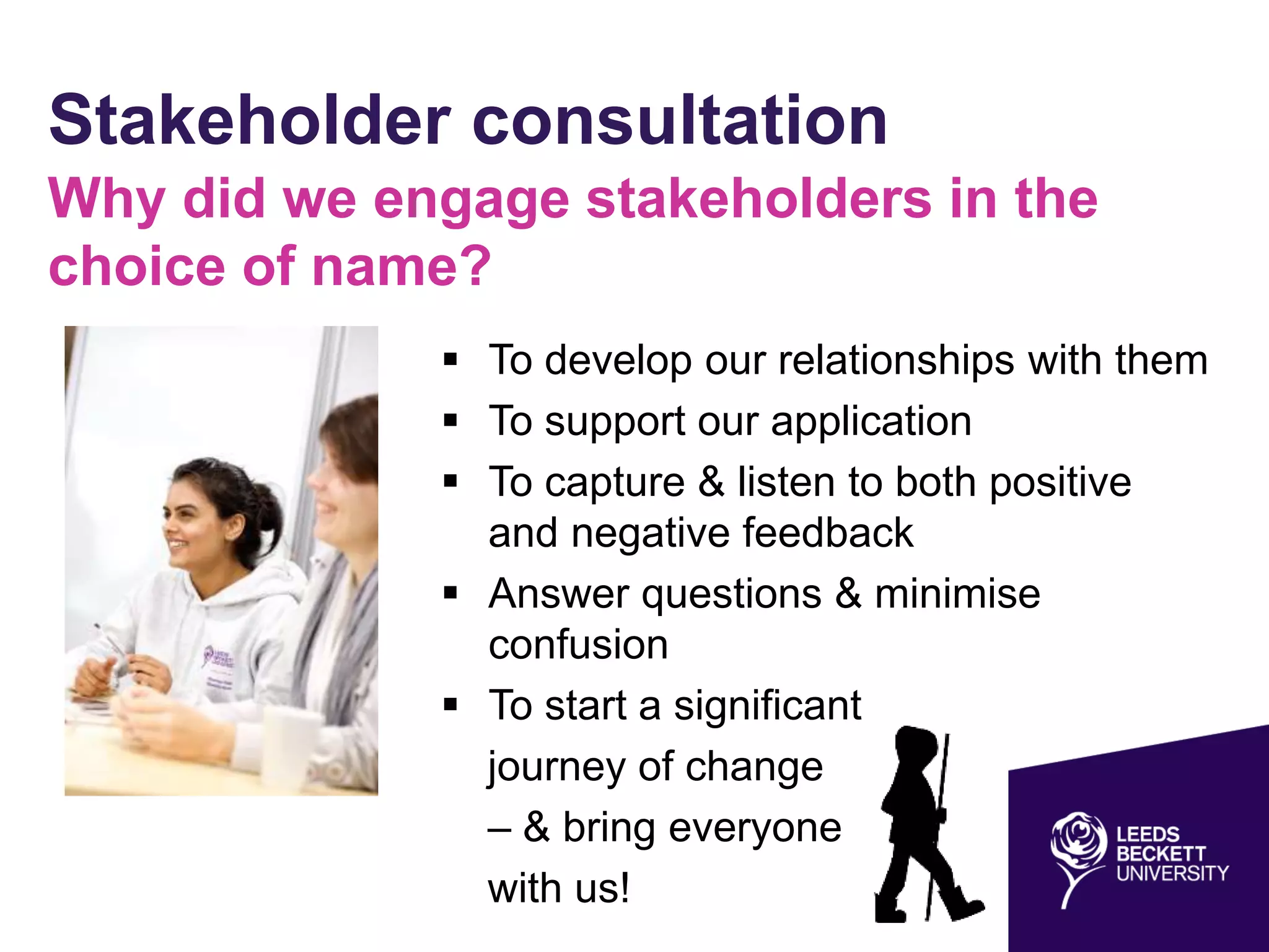 Stakeholder consultation
Why did we engage stakeholders in the
choice of name?
 To develop our relationships with them
 To support our application
 To capture & listen to both positive
and negative feedback
 Answer questions & minimise
confusion
 To start a significant
journey of change
– & bring everyone
with us!
 