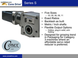 Series S Five Sizes 03, 05, 06, 09, 11 Exact Ratios Backlash as built Metric / Inch shafts Flexible Output Options Hollow, plug-in solid, anti-fretting Designed for growing trend in Packaging for Category 3 machines where an affordable servo rated reducer is preferred. 