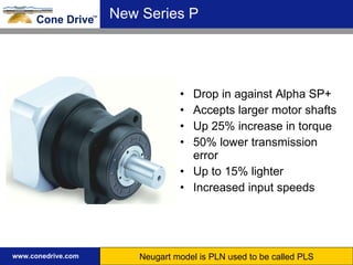 New Series P Drop in against Alpha SP+ Accepts larger motor shafts Up 25% increase in torque 50% lower transmission error Up to 15% lighter Increased input speeds New in 2009 Neugart model is PLN used to be called PLS 